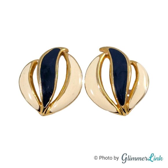 Vintage 80s Navy & Cream Enamel Feather Wave Gold Tone Stud Pierced Earrings - Picture 1 of 8